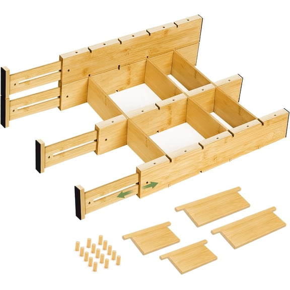 Bamboo Drawer Dividers 4PCS with Inserts, Expandable Kitchen Utensil Organizers,Adjustable drawer organizer for deep drawers Dresser Closet Underwear Storage Bedroom Bathroom Drawers(16.6"-22")
