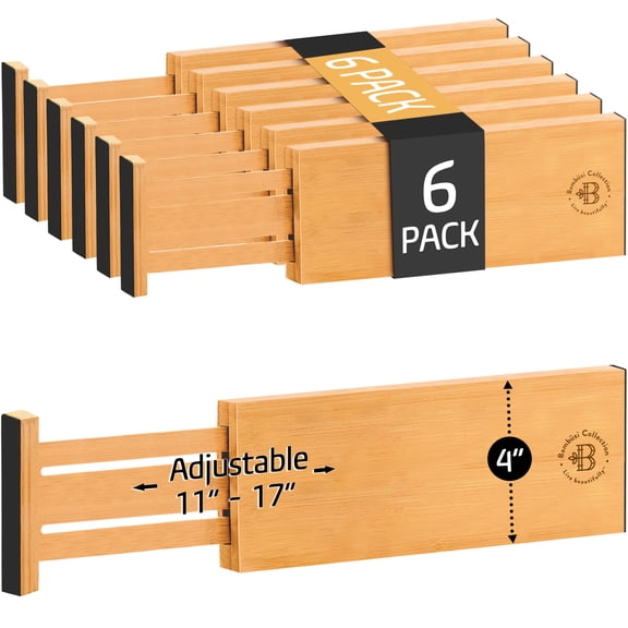 Bamboo Drawer Dividers 6-Pack, Adjustable Expandable Drawer Organizers 1117, 4 High Deep Drawer Separators for Kitchen Utensils, Clothes, Dresser, Bathroom & Office