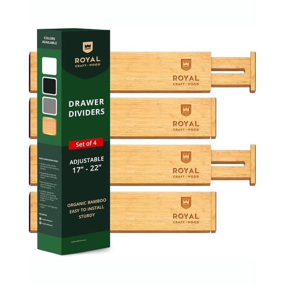Royal Craft Wood Expandable Bamboo Drawer Dividers 4-Pack Adjustable Organizer Separators for Kitchen, Bedroom, Dresser, Bathroom, Cabinet & Office Storage (1722", Natural)