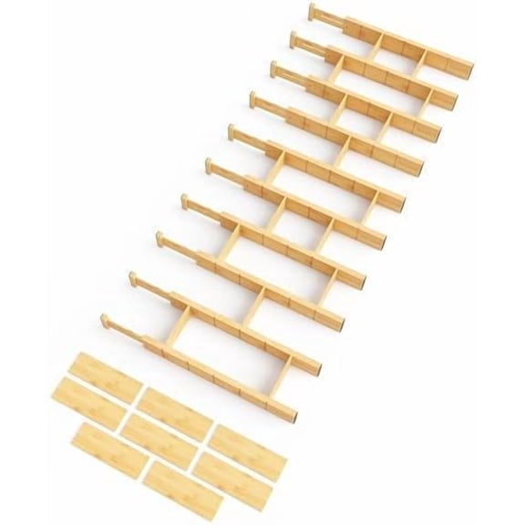 Bamboo Drawer Dividers with Inserts and Labels, Kitchen Adjustable Drawer Organizers, Expandable Organization for Home, Office, Dressers, 10 Dividers with 24 Inserts (17"-22" Natural)