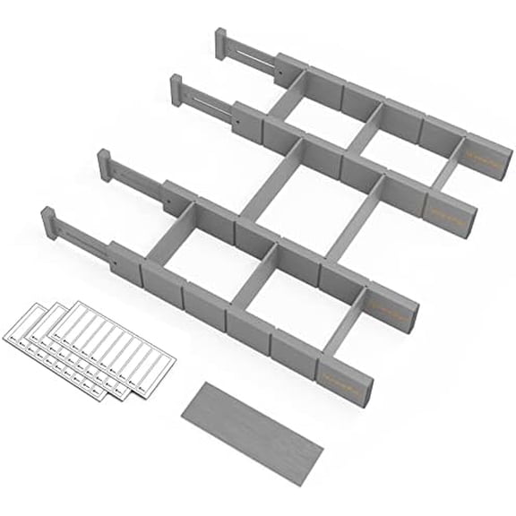 Bamboo Drawer Dividers with Inserts and Labels, Kitchen Adjustable Drawer Organizers, Expandable Organization for Home, Office, Dressers, 4 Dividers with 9 Inserts (17"-22" Gray)