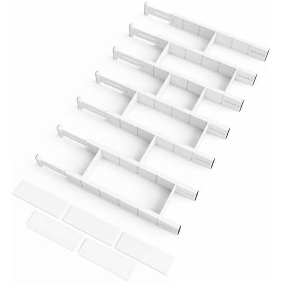 Bamboo Drawer Dividers with Inserts and Labels, Kitchen Adjustable Drawer Organizers, Expandable Organization for Home, Office, Dressers, 7 Dividers with 15 Inserts (17"-22" White)