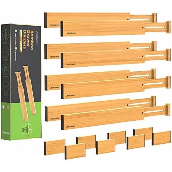 Bamboo Drawer Dividers Organizers 16pcs, Expandable Drawer Separators Splitter, 17-22 inches Long Adjustable Spring-loaded Organizer for Large Utensil, Clothes, Tools Drawers (8+8)