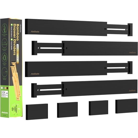 Bamboo Drawer Dividers Organizers, Expandable Drawer Separators Splitter,17-22 inches Long Adjustable Spring-loaded Organizer for Large Utensil, Clothes, Tools Drawers (Black)