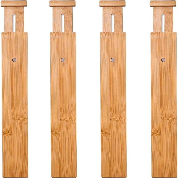 Bamboo Drawer Dividers, Solid Bamboo Adjustable Organizers, Premium Material with Spring Loaded Easy Installation, Protect Drawers for Bedroom, Bathroom, Dresser, Office (4 Pack)