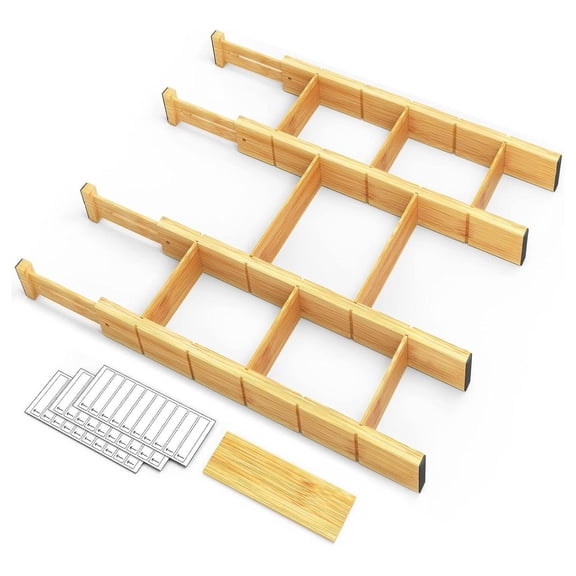 Bamboo Drawer Dividers with Inserts & Labels, Adjustable Kitchen Drawer Organizers - Expandable 17-22", 4 Dividers, 9 Inserts, Home & Office Storage