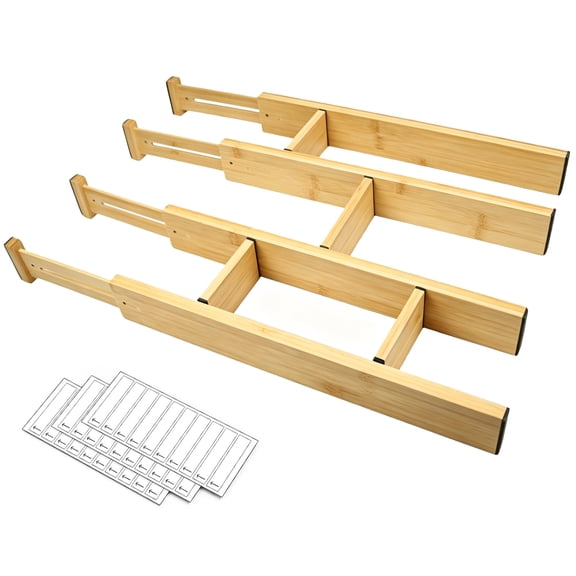 Bamboo Drawer Dividers with Labels, Kitchen Adjustable Drawer Organizers,4 Dividers