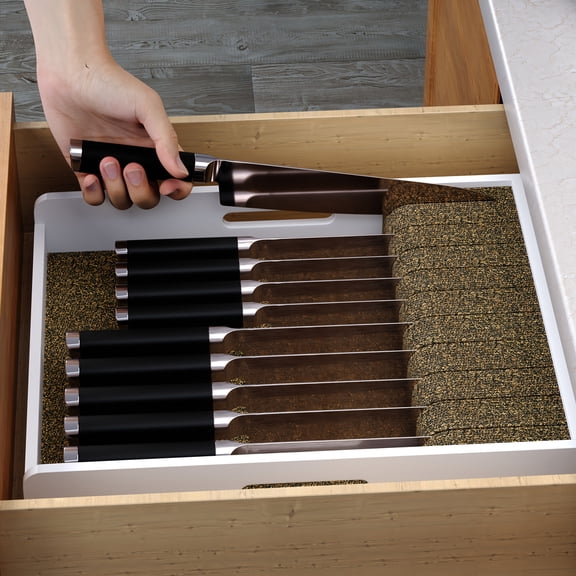 Bamboo Drawer Knife Organizer Large White, Kitchen Knife Storage Tray For Steak Knives, Cutlery Holder Insert For Drawer Organization, Utensil Divider For Knife Storage Solution