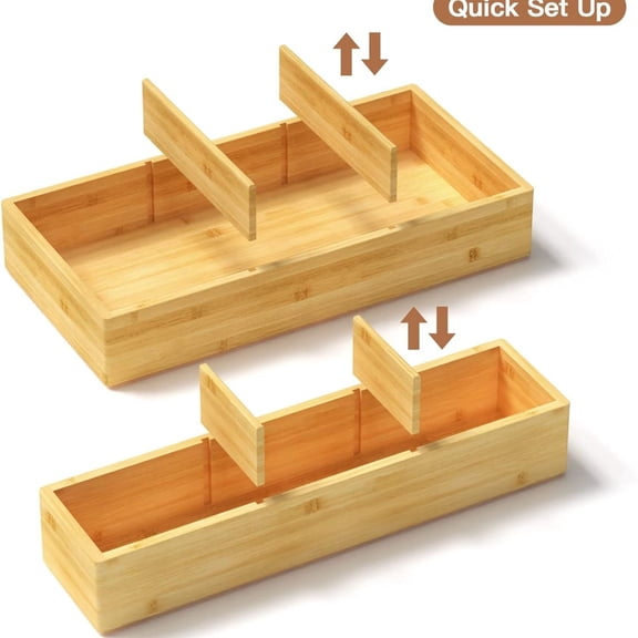 Bamboo Drawer Organizer 12.5'' X 12.5'' X 2'', Adjustable 3 Individual Junk Drawer organizer for Bathroom and Kitchen, Wood Drawer Tea Organier Boxes for Silverware, Make up and Tea Bag