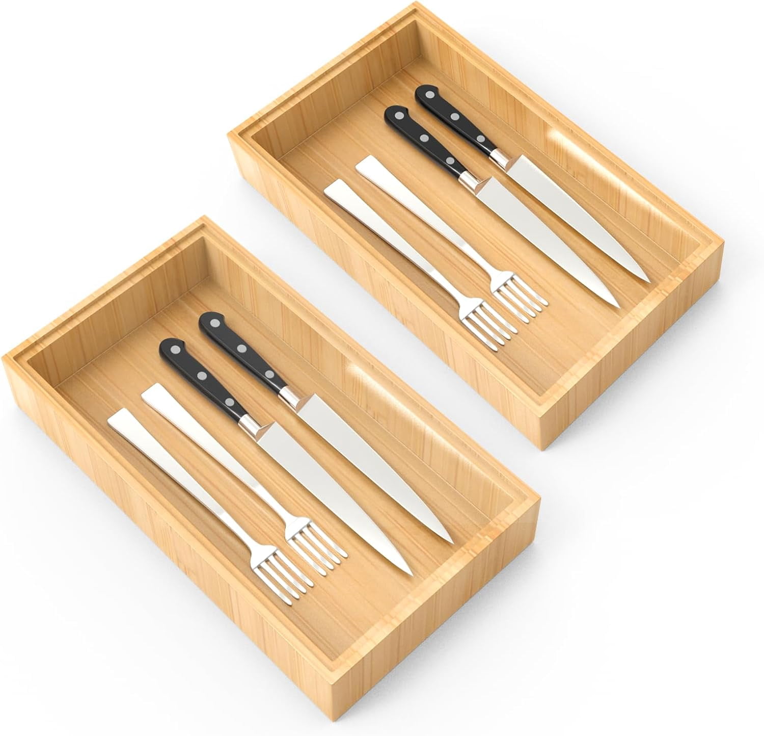 Untensil Box Bamboo Drawer Organizer, 2PCS Stackable Storage Boxes for Utensil ...