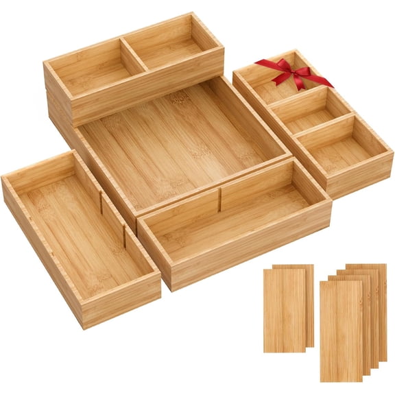 Bamboo Drawer Organizer, 5-Piece Drawer Divider with Removable Dividers for Organization and Storage, Multi-Use Stackable Storage Box & Utensil Holder for Kitchen, Office, Makeup & More