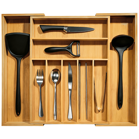 Bamboo Drawer Organizer Expandable 12.6 to 20 Wide, 9 Slot Silverware & Utensil Organizer Tray, Cutlery Drawer Dividers for Flatware, Knives, Spoons (Natural)