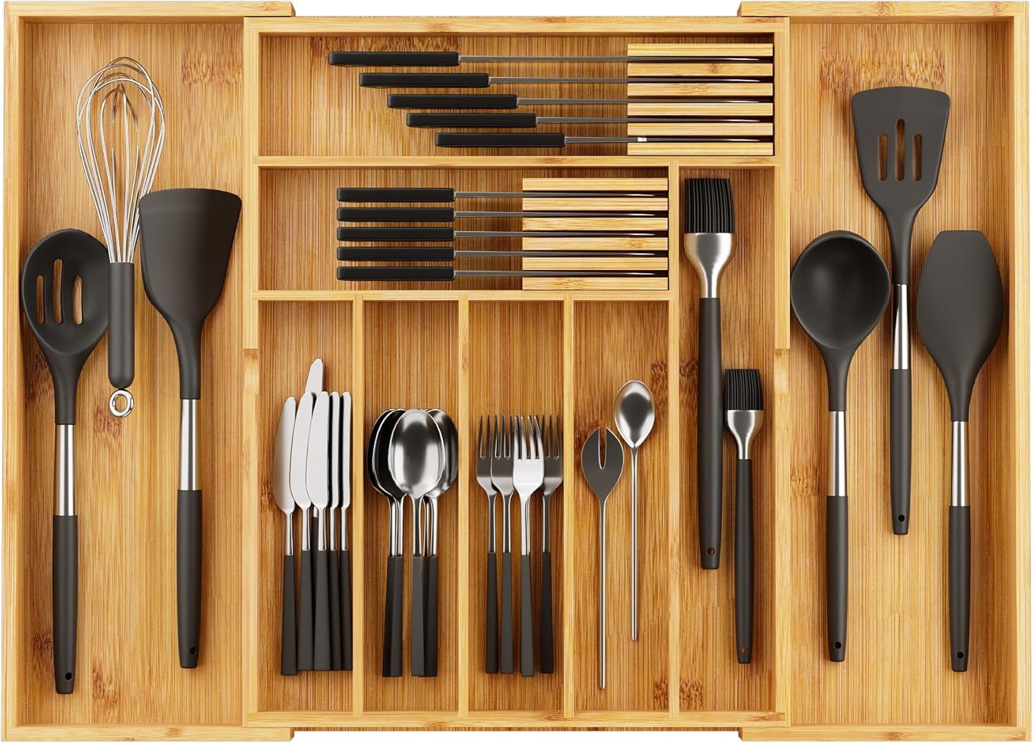 Bamboo Drawer Organizer Expandable Kitchen Silverware Organizer with 7 ...