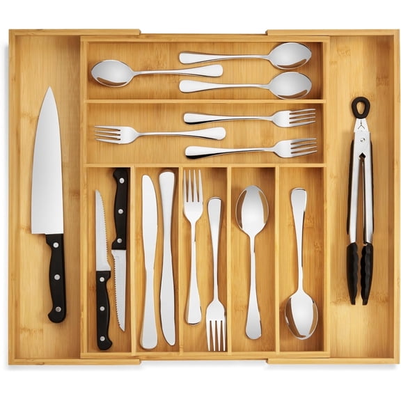 PLERISE Bamboo Drawer Organizer, Expandable Silverware and Utensil Tray with Dividers, 7-9 Slots Cutlery Organizer for Kitchen, Natural
