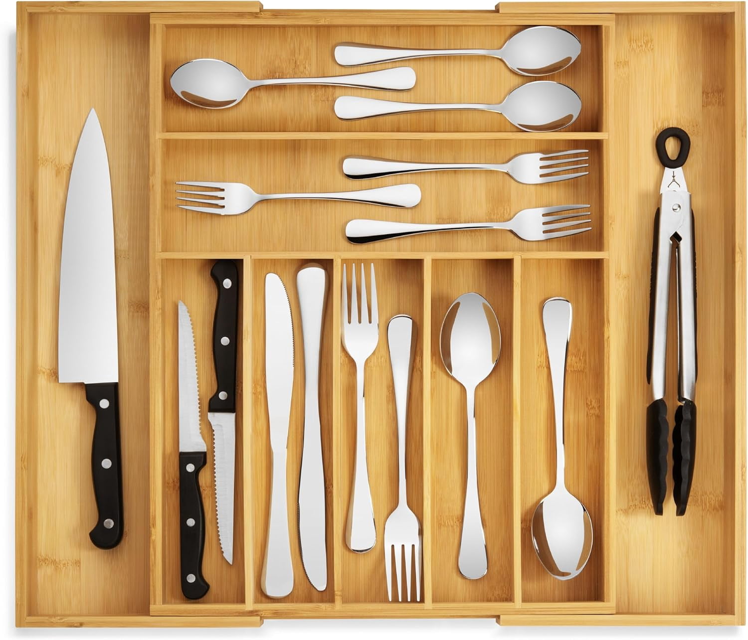Bamboo Drawer Organizer - Expandable & Utensil Drawer Organizer, Cutlery Tray with Dividers, 7-9 Slots- Kitchen Organizer for Utensils & Flatware (Natural)