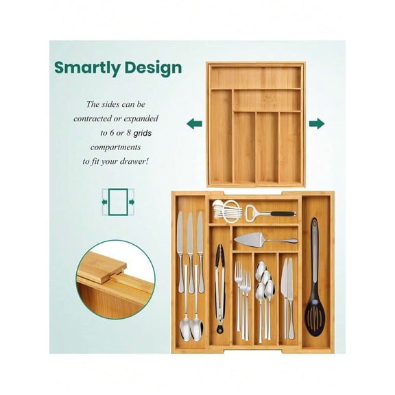 Bamboo Drawer Organizer for Kitchen Utensils and Silverware, Expandable Cutlery Tray and Retractable Knife and Fork Division Box, Adjustable Tableware Storage for Home and Office