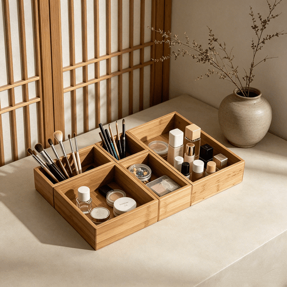 Natural Bamboo Drawer Organizer Set, 5-Piece Adjustable Storage Box with Dividers & Non-Slip Mats for Makeup, Office Supplies, and Kitchen Utensils