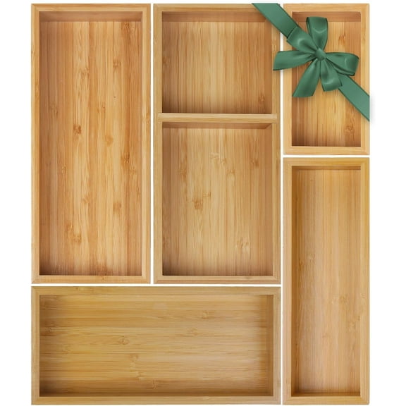 Bamboo Drawer Organizer Set, 5 PCS Multi-Use Individual Wood Storage Organizers, Junk Drawer Divider and Storage Trays Containers for Kitchen, Bathroom, Office Desk, Makeup, Jewelry, Utensils