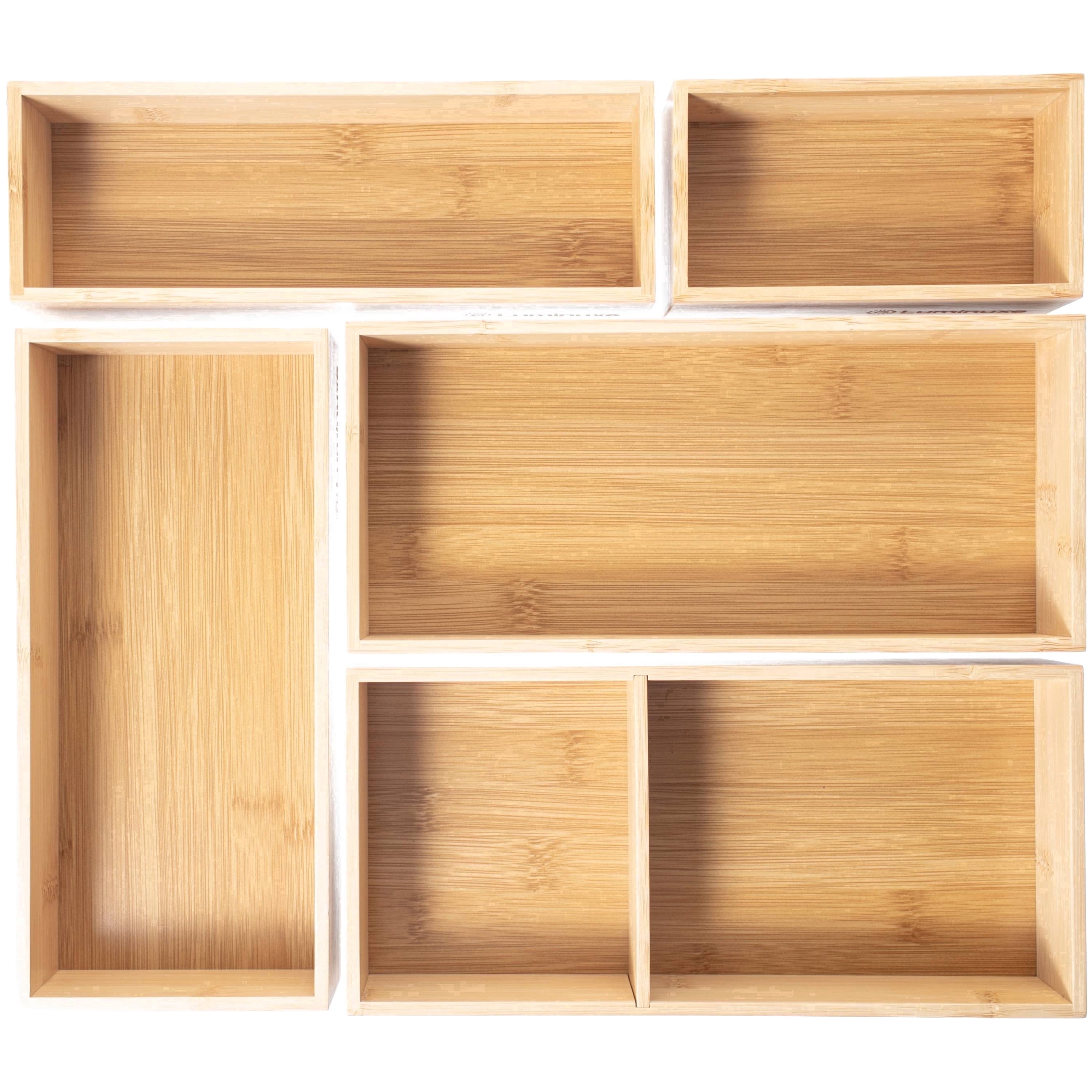 Luminuxe Bamboo Drawer Organizer Set, 5 Piece Non-Slip Versatile Storage Trays for Kitchen Utensils, Bathroom Essentials, Makeup & Jewelry