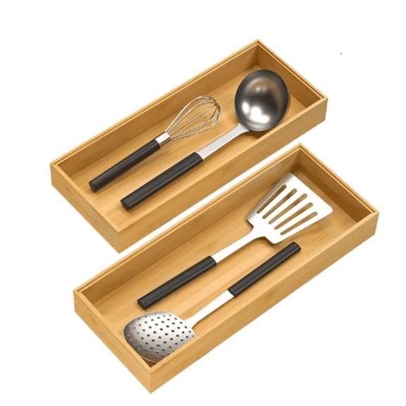 Bamboo Drawer Organizer, Stackable Utensil Organizer for Kitchen, Bamboo Storage Box Silverware Tray for Drawer 15" x 6" x 2" Set of 2