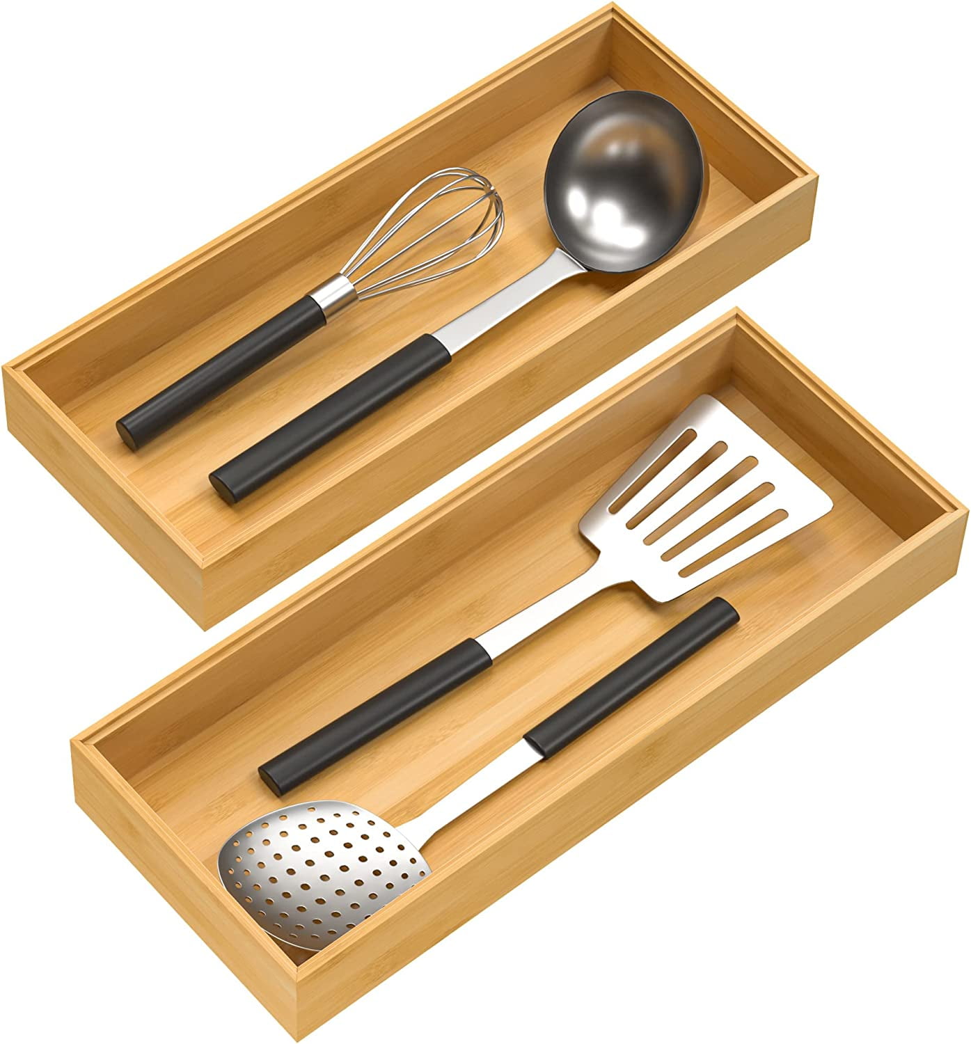 Bamboo Drawer Organizer, Stackable Utensil Organizer for Kitchen, Storage Box Wood Silverware Tray 15" x 6" 2" Set of 2