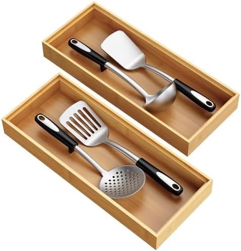 Bamboo Drawer Organizer, Stackable Utensil Trays for Kitchen, Wood for Drawer, Set of 2-15"x6"x2"