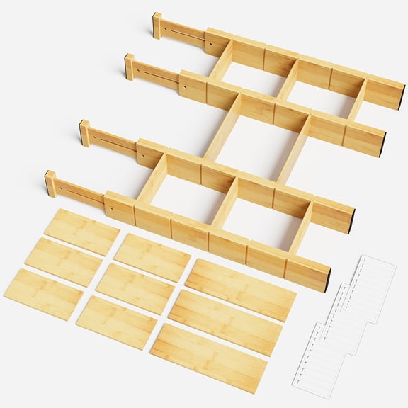 Bamboo Drawer Organizers, 4 Dividers & 9 Inserts, Adjustable for Kitchen, Home, Office, Dressers