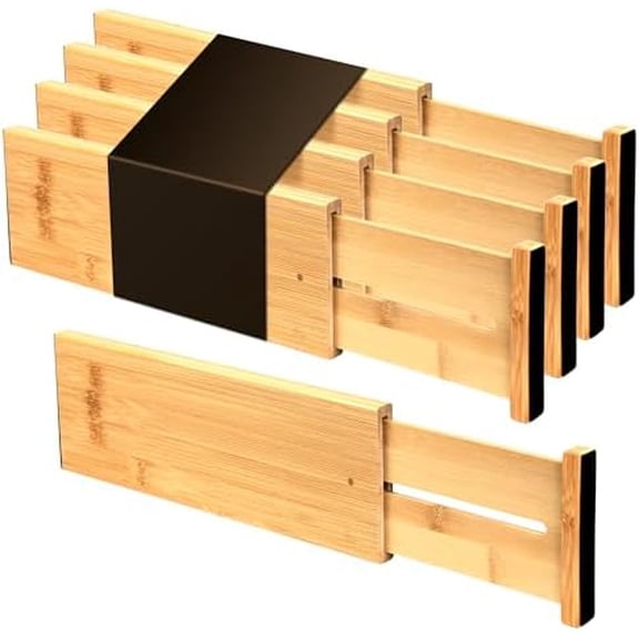 Bamboo Dresser Drawer Dividers, 4'' High Adjustable Drawer Organizers for Clothing, Spring Loaded, Works in Kitchen, Bathroom, Bedroom, Drawer, Desk, 4 pcs