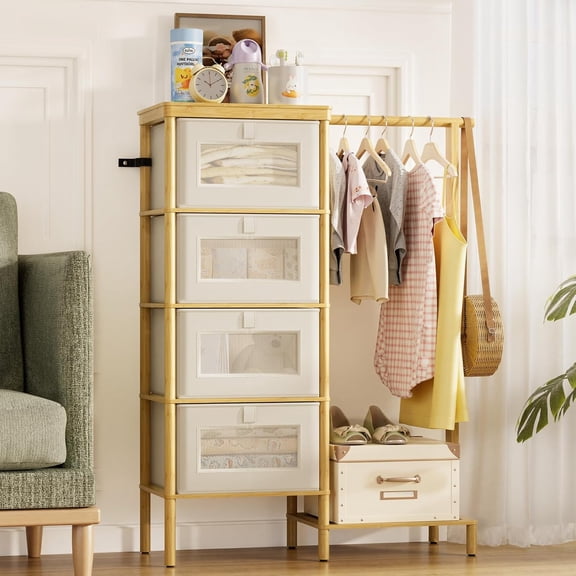 Bamboo Dresser with Hanging Rack and 4 Drawers, Tall Storage Tower Closet Organizer, Space-Saving Natural Wood Design, Easy Assembly