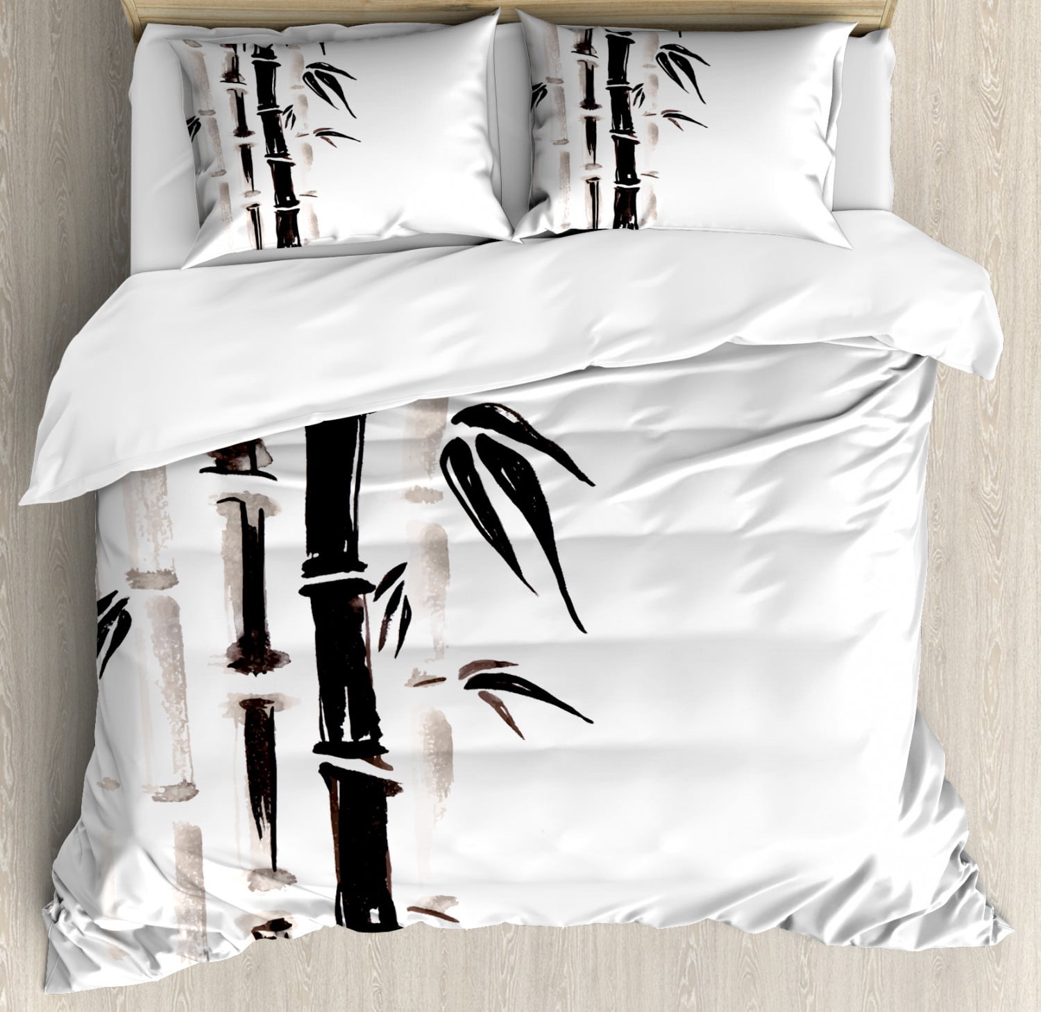Queen Bamboo Pattern Black and Cream Duvet Cover Set