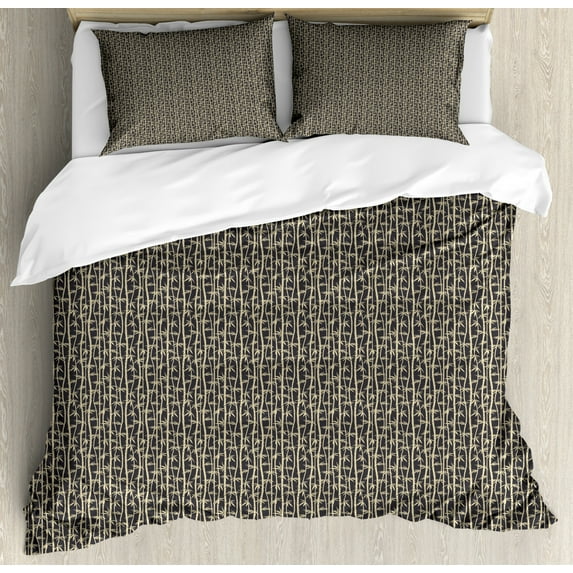 Bamboo Duvet Cover Set Queen Size, Simplistic Asian Foliage Composition in Earthy Tones Chinese Oriental, Decorative 3 Piece Bedding Set with 2 Pillow Shams, Beige and Charcaol Grey, by Ambesonne