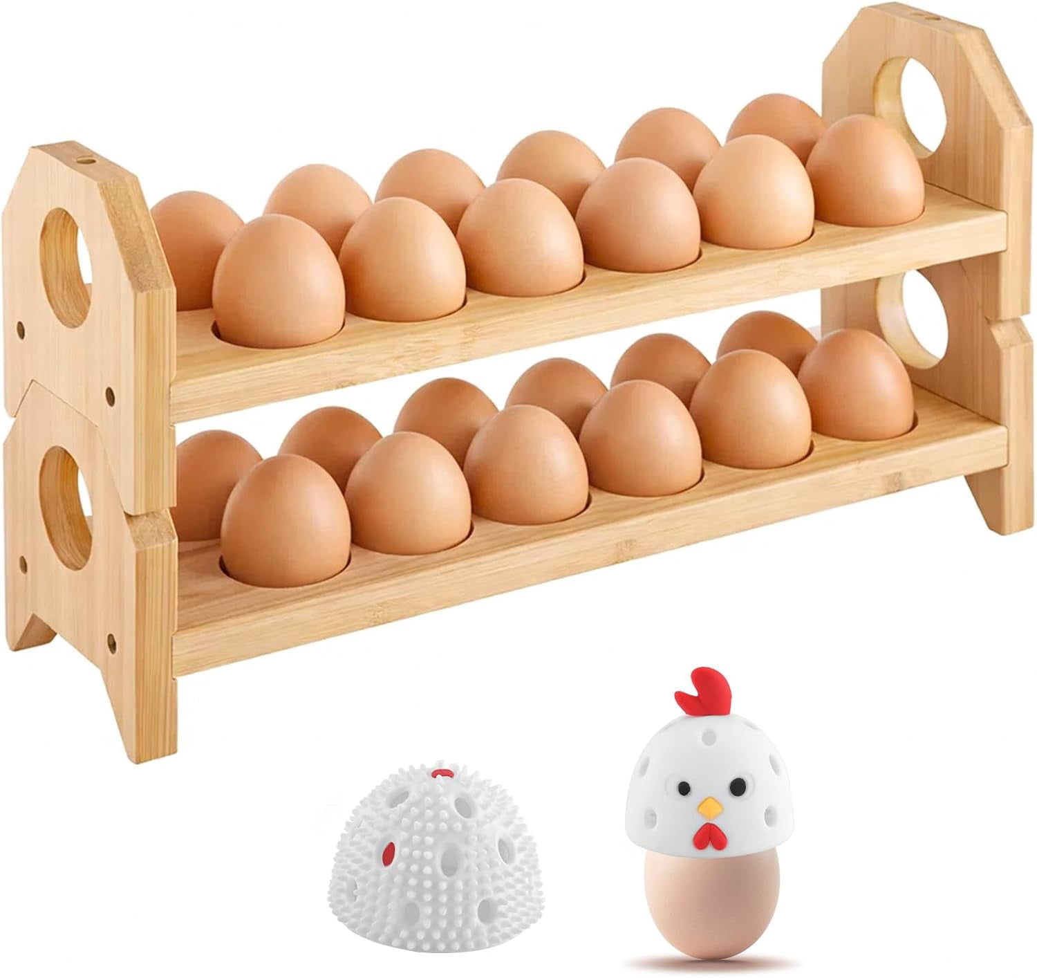 Bamboo Egg Holder Countertop with Silicone Cleaner, 2-Tier for 24 Eggs, Stackable Design Fresh Farmhouse Tray Storage Display Rack，Fits Quail, Duck, Chicken Eggs