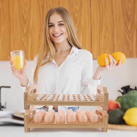 Bamboo Egg Holder with Surface Paint & Handle Design for Kitchen Countertop and Fridge Storage