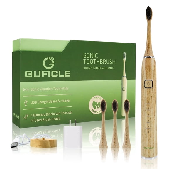GUFICLE Sonic Bamboo Electric Toothbrush, 5 Modes, 4 Heads, 80-Day Battery, Sustainable & Rechargeable for Adults