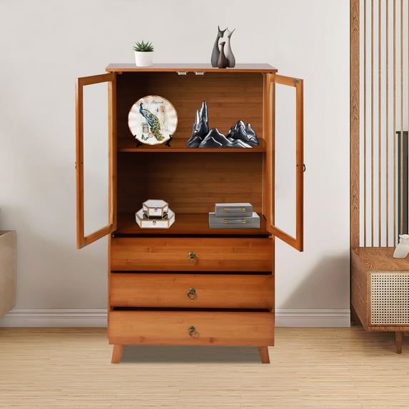 Bamboo Elegant 5-Tier Wood Storage Cabinet with Acrylic Doors, 3 Drawers, Raised Legs, and Waterproof Surface for Living Room, Bedroom, Kitchen, and Bathroom Organization