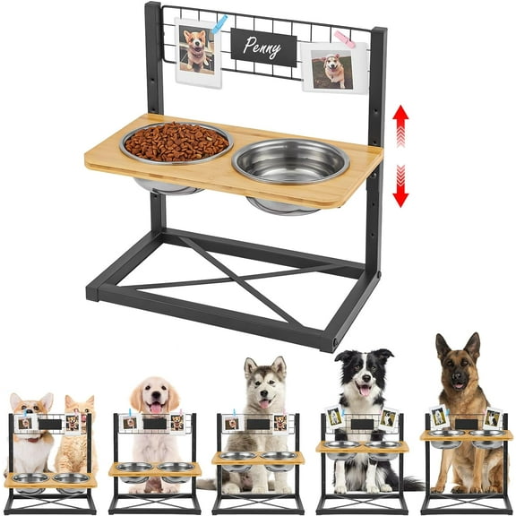 Bamboo Elevated Dog Bowls, 5 Height Adjustable Raised Dog Bowl Stand Dog Feeder with 2 Stainless Steel Dog Food Bowls and Non-Slip Feet for Small Medium Large Dogs and Pets, Black