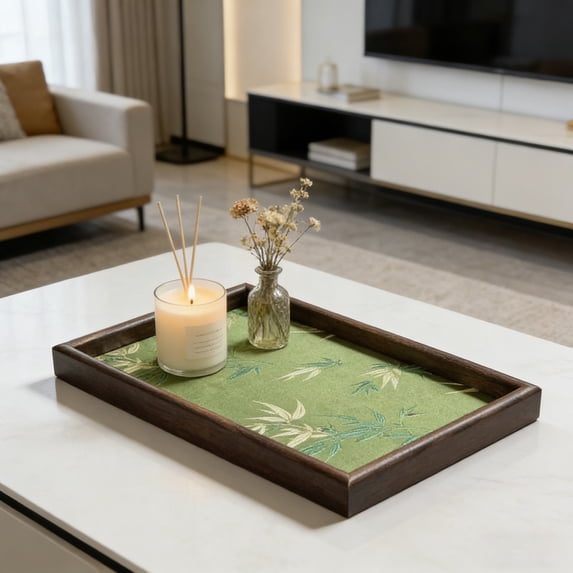 Bamboo Embroidery Decorative Wood Tray, Rectangular Storage Tray for Living Room, Desk & Tabletop Organization
