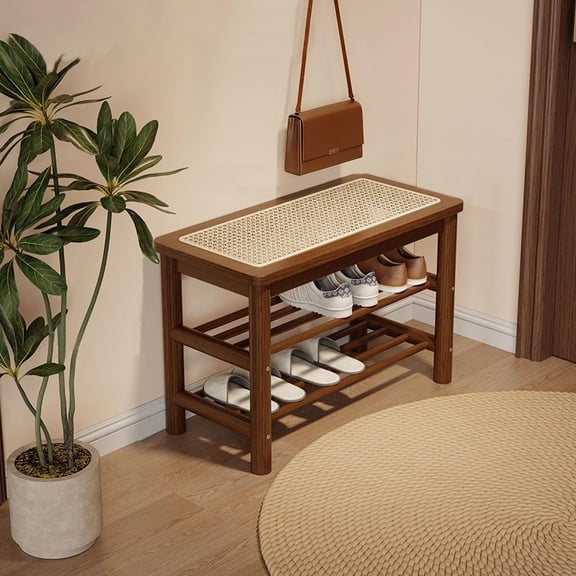 Bamboo Entryway Bench with Woven Rattan Seat, 2-Tier Shoe Storage Bench for Hallway & Entryway, 23.62 inches Walnut