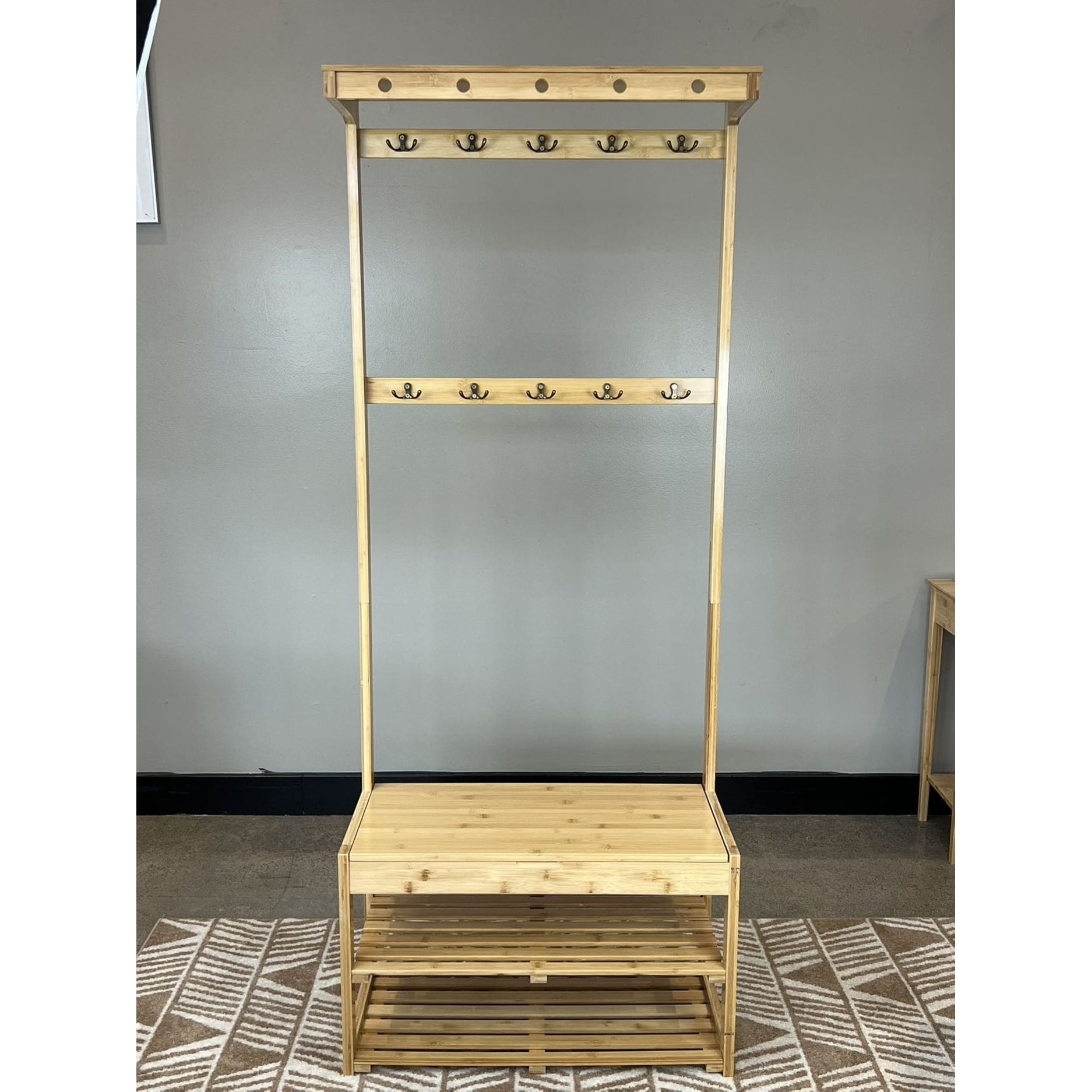 Natural Bamboo Entryway Hall Tree with Storage Bench and Hooks