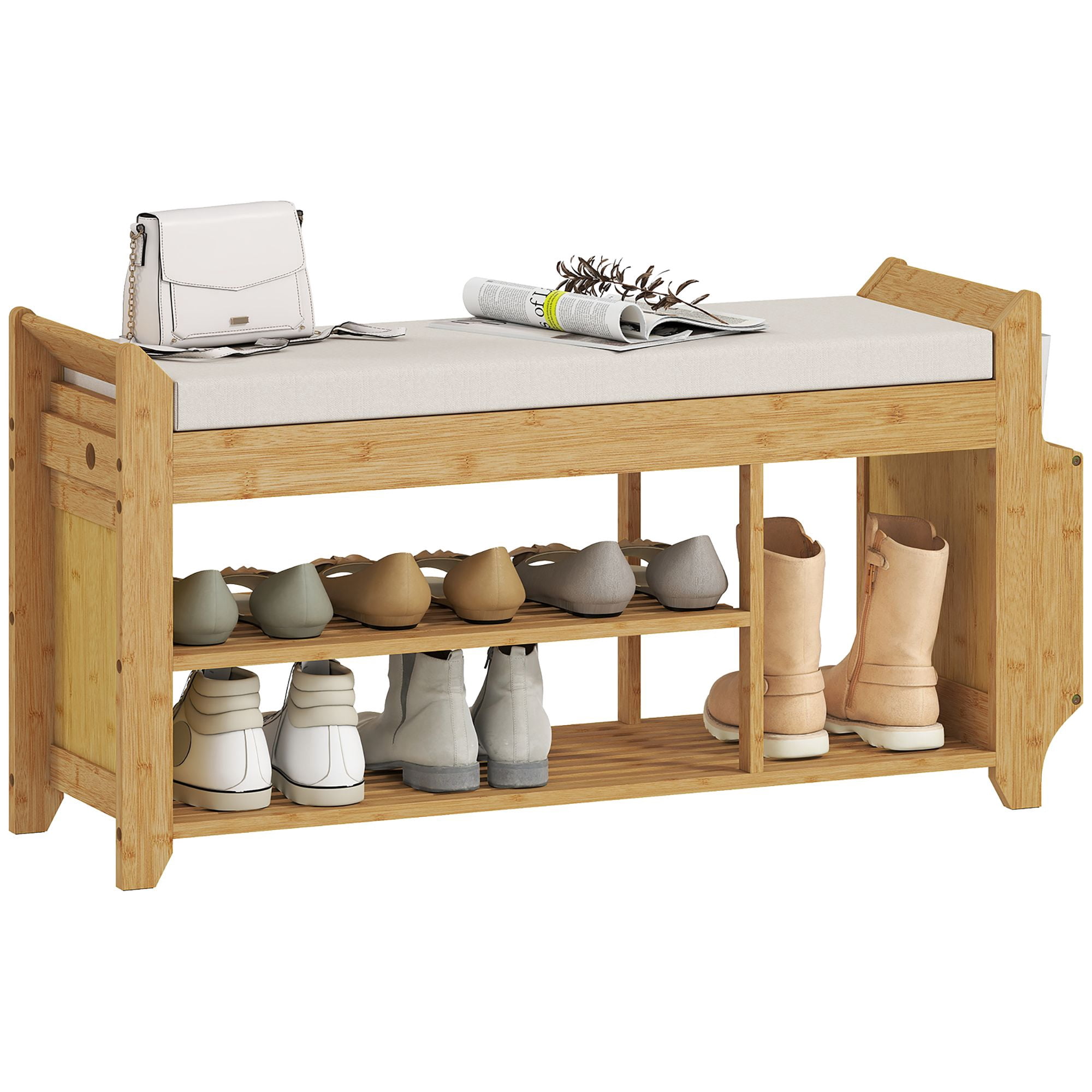 Bamboo Entryway Shoe Storage Bench with Cushioned Seat, Zoned Shoe & Boot Shelves Side Umbrella Compartment Slim 11.8in Depth Hallway Organizer Supports 352lbs Natural Cream
