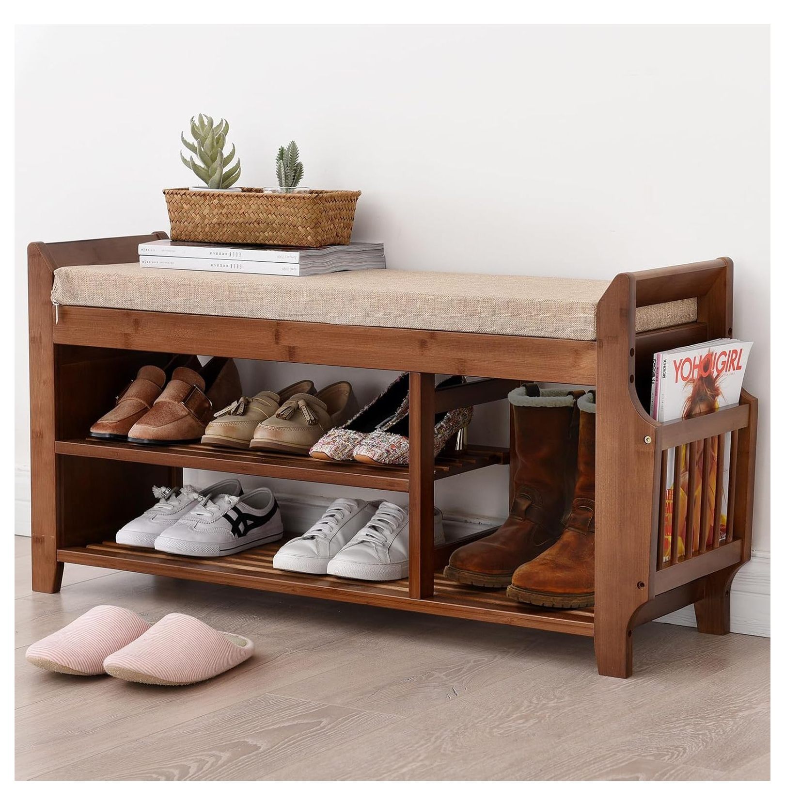 Bamboo Entryway Shoe Storage Bench, Entry Bench with Hidden Drawer and ...