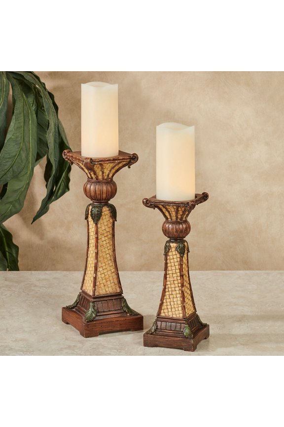 Bamboo Exotics Basketweave Look Candleholder Set Brown and Tan Tones Set of 2