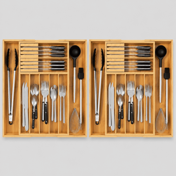 Bamboo Expandable Drawer Organizer for Kitchen Utensils, Adjustable Silverware Tray with 9 Deep Slots for Large Spoons & Knives, Natural Wood Flatware Caddy for Cutlery Storage (Fits 13"-20")