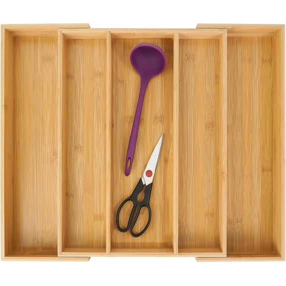 Bamboo Expandable Kitchen Drawer Organizer, Adjustable Utensil Holder and Cutlery Tray Organiser, Divider for Silverware, Flatware, Knives in Kitchen, Bedroom, Living Room, 5 Slot