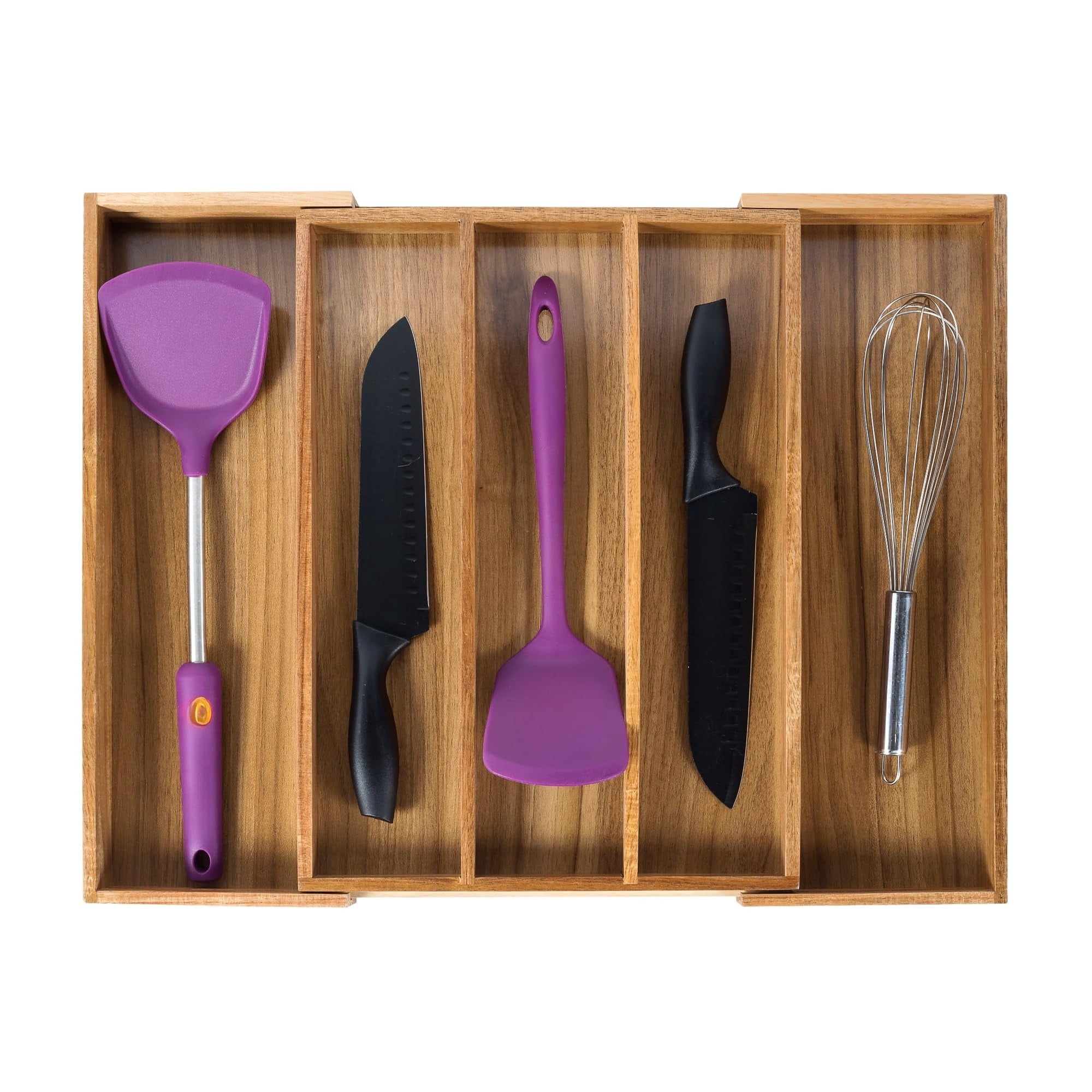 Bamboo Expandable Kitchen Drawer Organizer, Adjustable Utensil Holder and Cutlery Tray Organiser, Drawer Divider for Silverware, Flatware, Knives in Kitchen, Bedroom, Living Room, 5 Slot