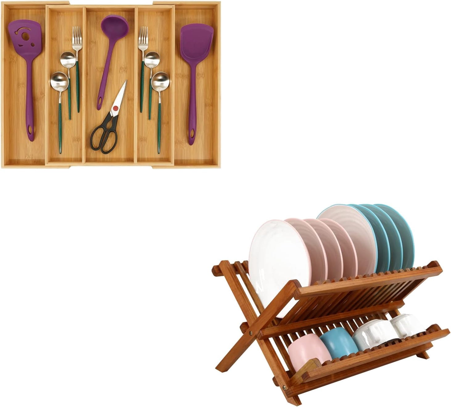 Bamboo Expandable Kitchen Drawer Organizer and Teak Dish Drainer Rack ...