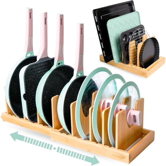 Bamboo Expandable Kitchen Organizer for Pots, Pans, Baking Sheets, Cutting Boards, and Lids  Natural, Adjustable Pull-Out Shelf