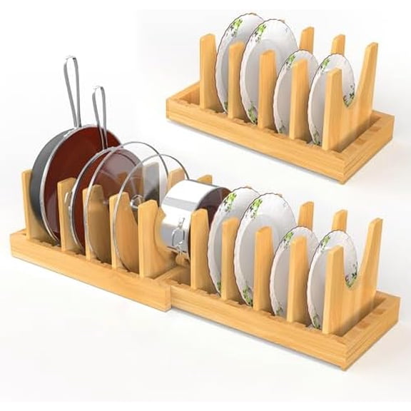 Bamboo Expandable Pot and Pan Organizer Under Cabinet,2-in-1 Kitchen Cabinet Organizer with Adjustable 10 Dividers, Non-Slip Base for Pot Lids Holder, Cutting Board Organizers for Kitchen Storage