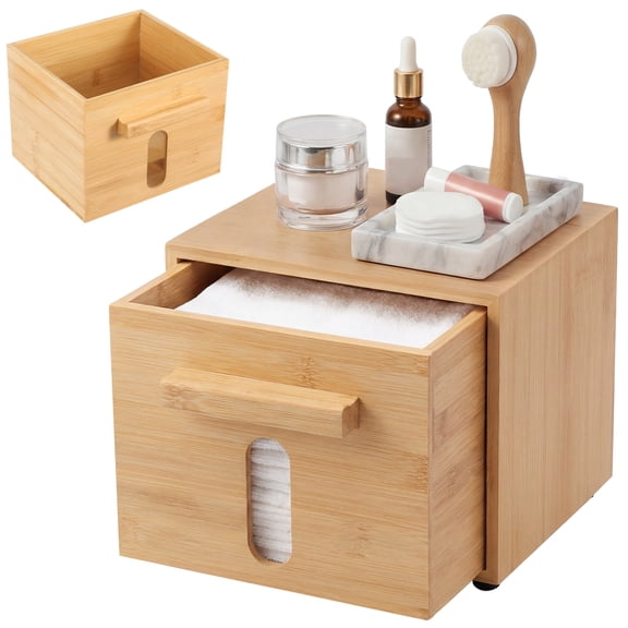 Bamboo Face Towel Holder Box Space Saving Face Towel Container with Drawer Large Capacity Cotton Pads Organizer for Bathroom Countertop