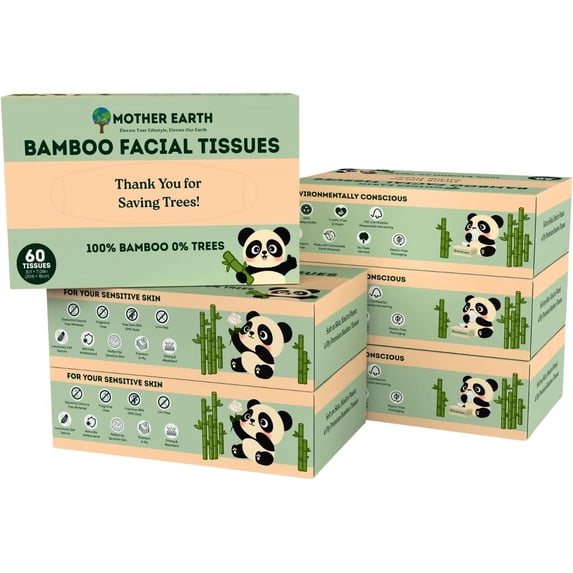 Bamboo Facial Tissue Paper - 4 Ply Tissue Flat Box, Lint-Free, Hypoallergenic, Septic-Safe, Unscented, 60 Sheets per Box, 6 Pack, Total 360 Tissues